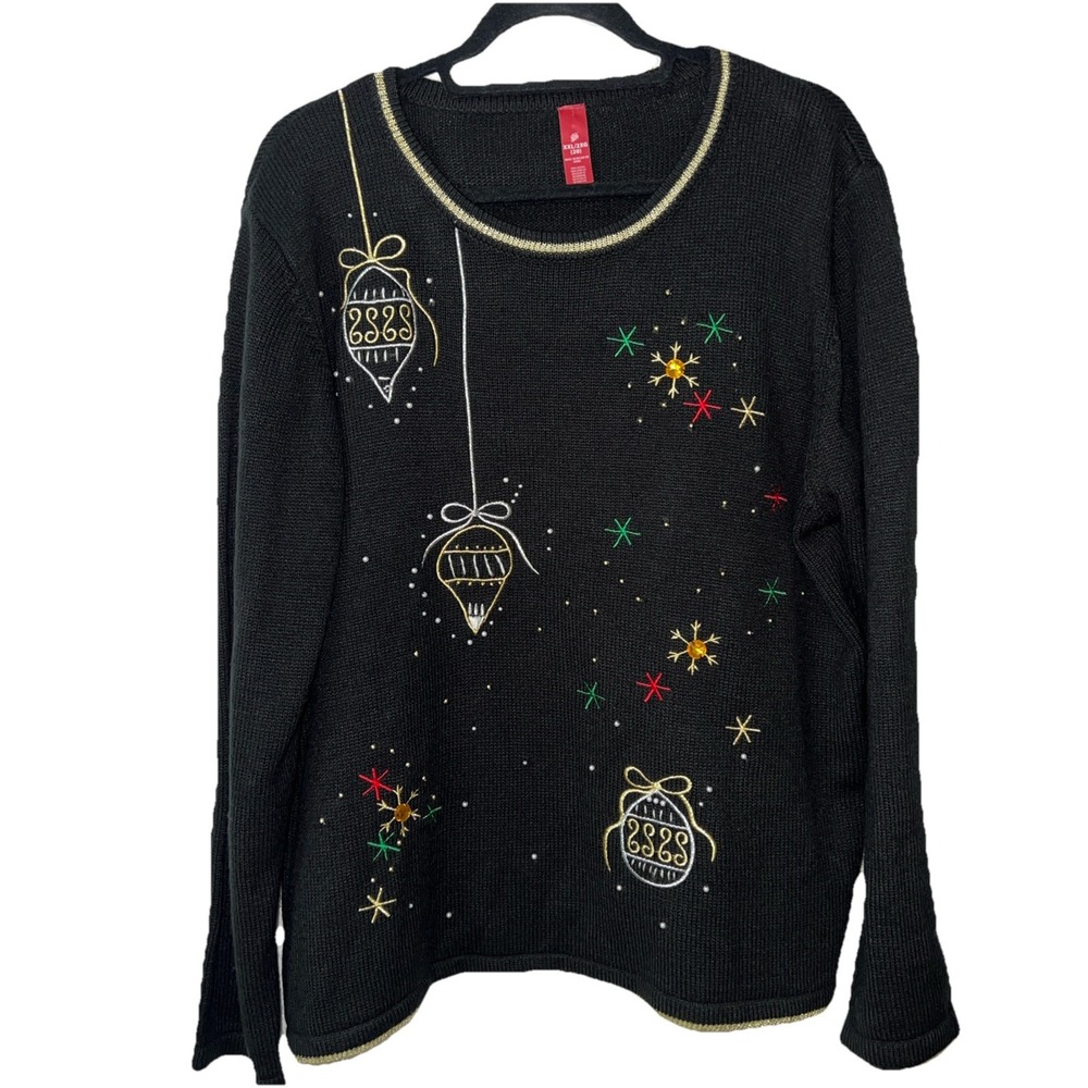 Ugly Christmas Sweater Womens Black Sequin Gold Tone Beading  Ornaments Size XXL